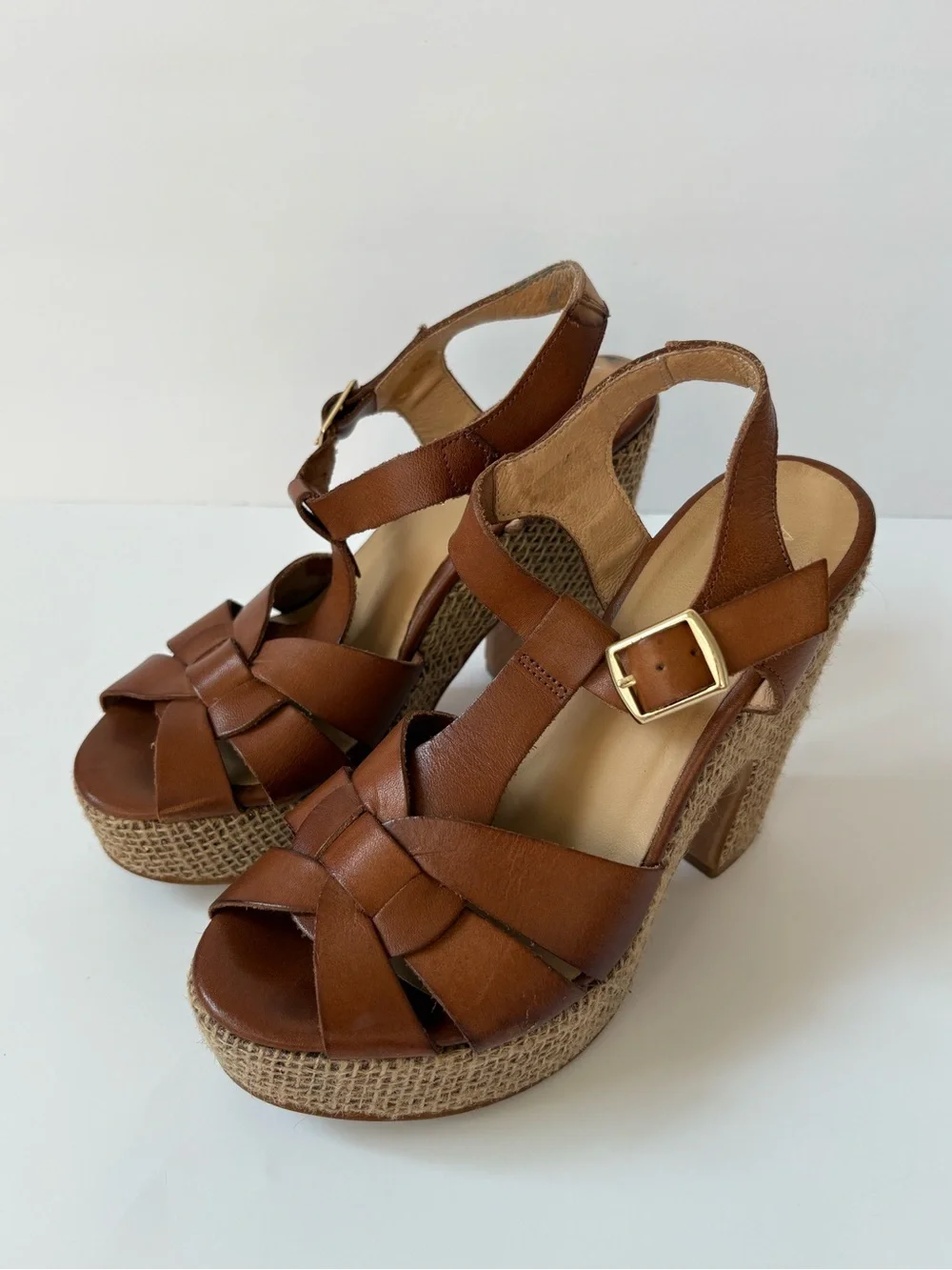 Anthropologie Brown Leather Woven Platform Sandals 7 T-Strap Preppy Academia